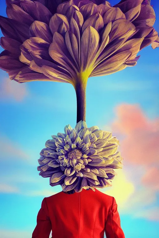 Image similar to closeup giant dahlia flower head, girl in a suit on a street, surreal photography, blue sky, sunrise, dramatic light, impressionist painting, digital painting, artstation, simon stalenhag