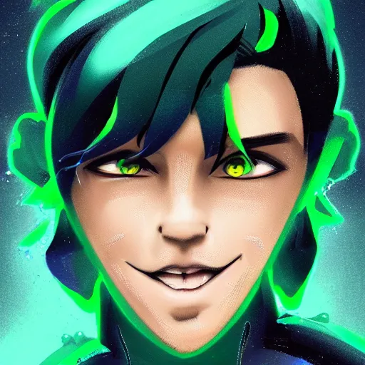 Prompt: a digital matte intricate smiling face illustration concept art, young danny phantom with glowing green eyes cute alt art fashion inspired by charlie bowater and wlop and mark arian and ross tran + neon colors, symmetry, intricate complexity, epic composition, magical atmosphere, highly detailed, cinematic lighting + masterpiece, trending on artstation + 8 k