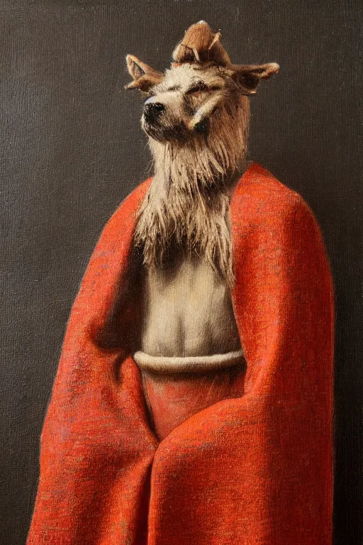 Image similar to Slavic dog head man, woolen torso in medieval clothes, characteristic of cynocephaly, oil painting, hyperrealism, beautiful, high resolution, trending on artstation,