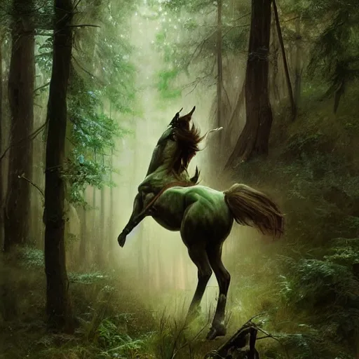 Image similar to centaur trapped in woods, desperate, dark green trimmed clothing, sharp focus, intricate, cinematic lighting, smooth, ultra realistic digital art, high fantasy, elegant, by artgerm, greg rutkowski, alphonse mucha