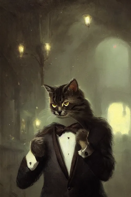 Prompt: of a gentlemen cat with the head of a british longhair cat, wearing vest suite in the night club, by greg rutkowski