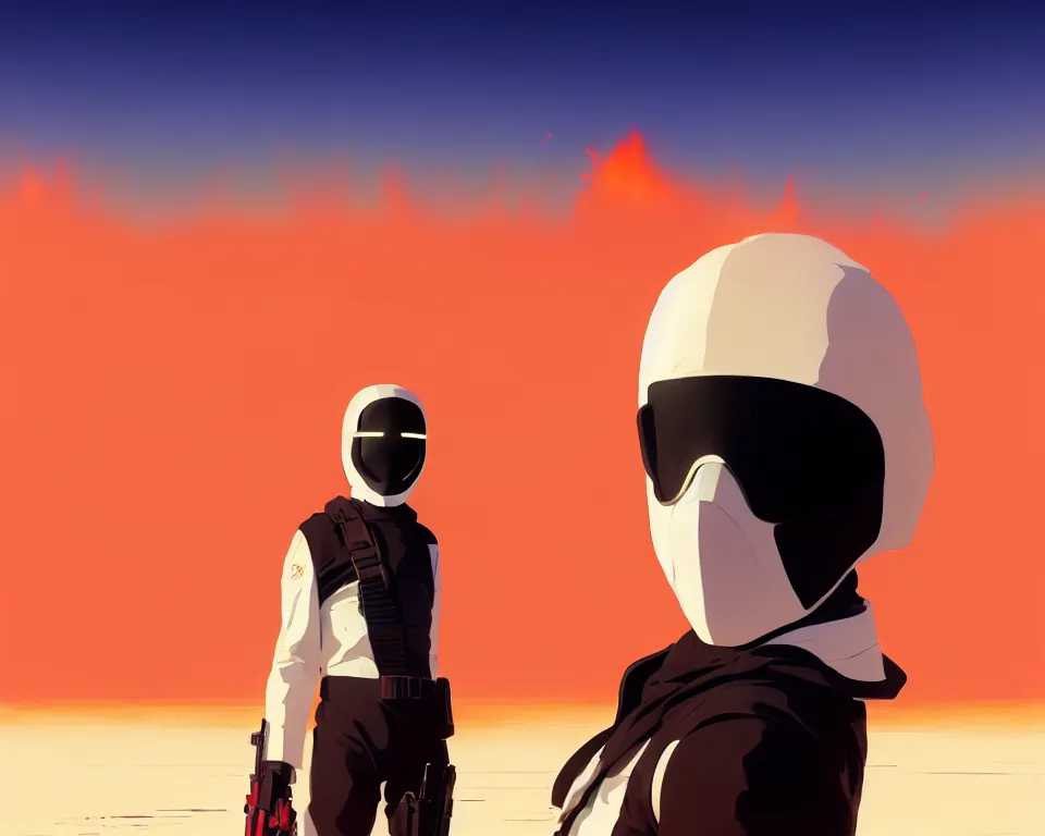 Image similar to white masked man in front of burning desert, by ilya kuvshinov, greg rutkowski and makoto shinkai, trending on artstation