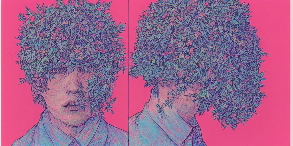 Image similar to risograph grainy drawing protagonist face, pastel colors, with huge piersing, face covered with plants and flowers, by moebius and satisho kon and dirk dzimirsky close - up portrait, perfect blue, paprika