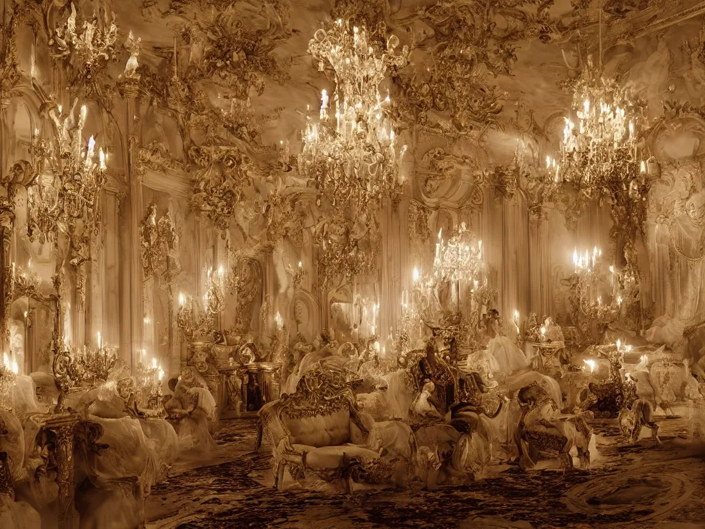 Image similar to Solemn Ghosts Appear in an Opulent French Baroque Ballroom, Hyperrealism, dramatic lighting, spooky, atmospheric