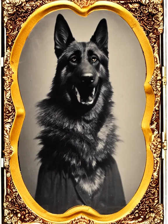 Image similar to professional studio photo portrait of anthro anthropomorphic german shepard head animal person fursona smug smiling wearing elaborate pompous royal king robes clothes degraded medium by Louis Daguerre daguerreotype tintype