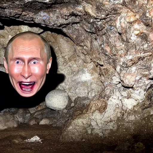 Prompt: photo inside a cavern of a wet reptilian humanoid putin partially hidden behind a rock, with black eyes, open mouth and big teeth