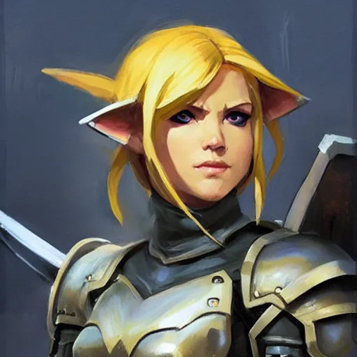 Image similar to greg manchess portrait painting of armored female link from legend of zelda as overwatch character, medium shot, asymmetrical, profile picture, organic painting, sunny day, matte painting, bold shapes, hard edges, street art, trending on artstation, by huang guangjian and gil elvgren and sachin teng