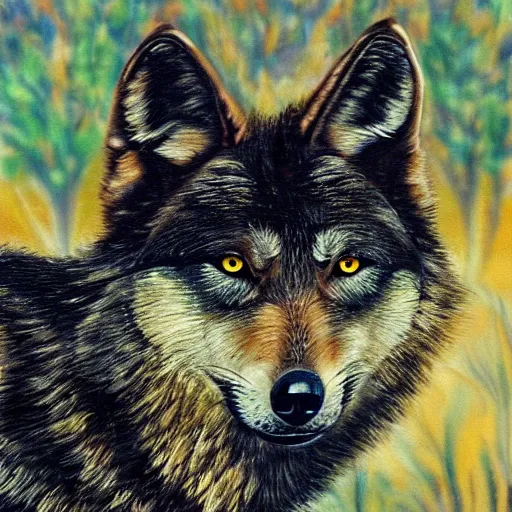 Prompt: black wolf in an australian desert, gold colored eyes, painting