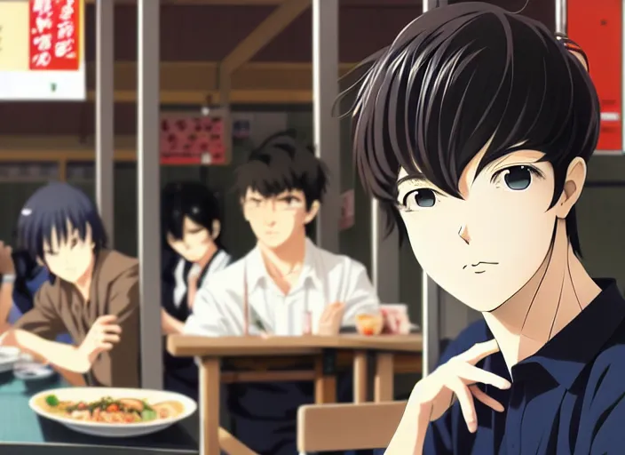 Image similar to anime visual, full body illustration a young man having lunch at a ramen stand, handsome face by ilya kuvshinov, yoshinari yoh, makoto shinkai, katsura masakazu, dynamic perspective pose, detailed facial features, kyoani, rounded eyes, crisp and sharp, cel shad, anime poster, ambient light,