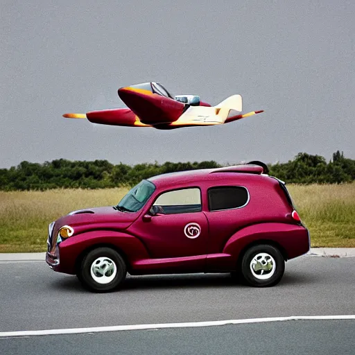 Prompt: baby pt cruiser flying in the wild, award winning photograph
