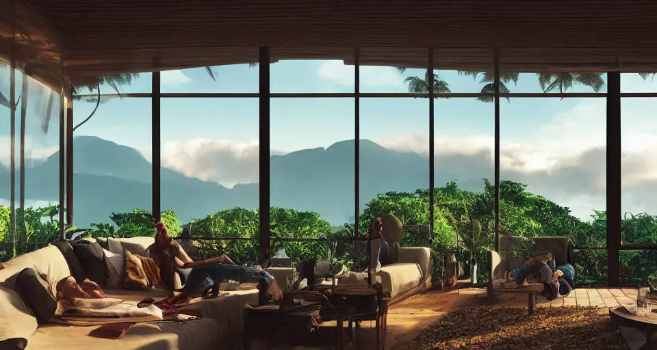 Image similar to big window, mountains in background, cloud forest in background, tropical beach in background, late afternoon sunset, dramatic lighting, holiday vibes, living room, furniture, IKEA catalogue, futuristic, ultra realistic, ultra detailed, cinematic light, anamorphic, wooden floored balcony, by Paul Lehr