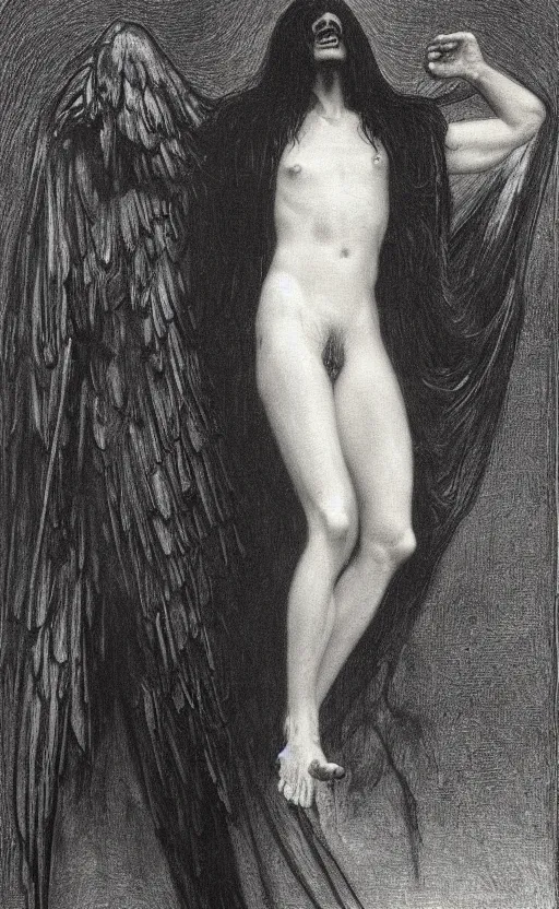 Prompt: Say who is this with black hair so dark and thin? beautiful lone single Male!! angel, Hades Death, in the style of Jean Delville,black glowing cloak, Fernand Keller, Fernand Khnopff, oil on canvas, 1896, 4K resolution, aesthetic, mystery