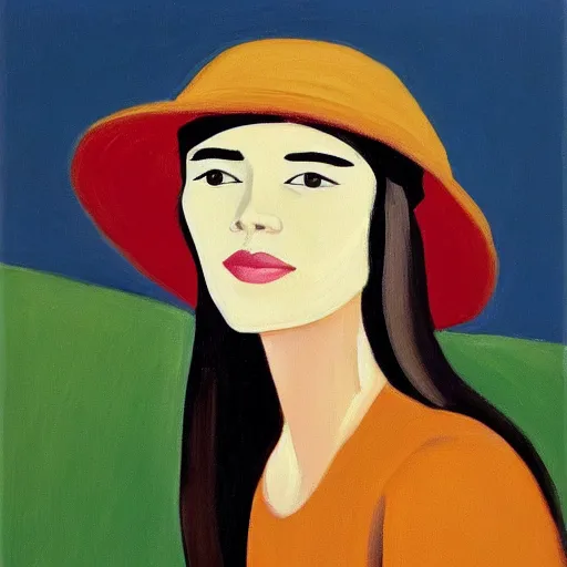 Prompt: beautiful woman with hat, by Alex Katz, colorful, light, oil on canvas