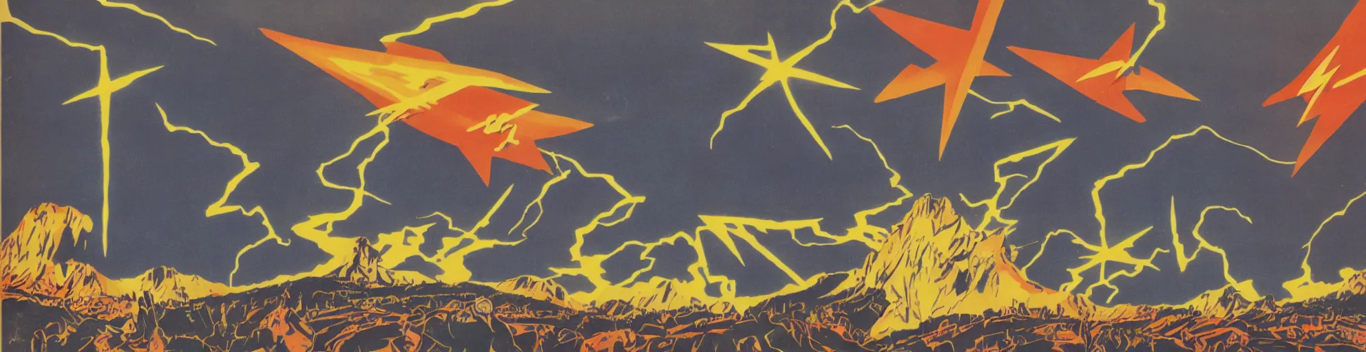 Image similar to solar montain with one lightning bolts in 1940s propaganda poster