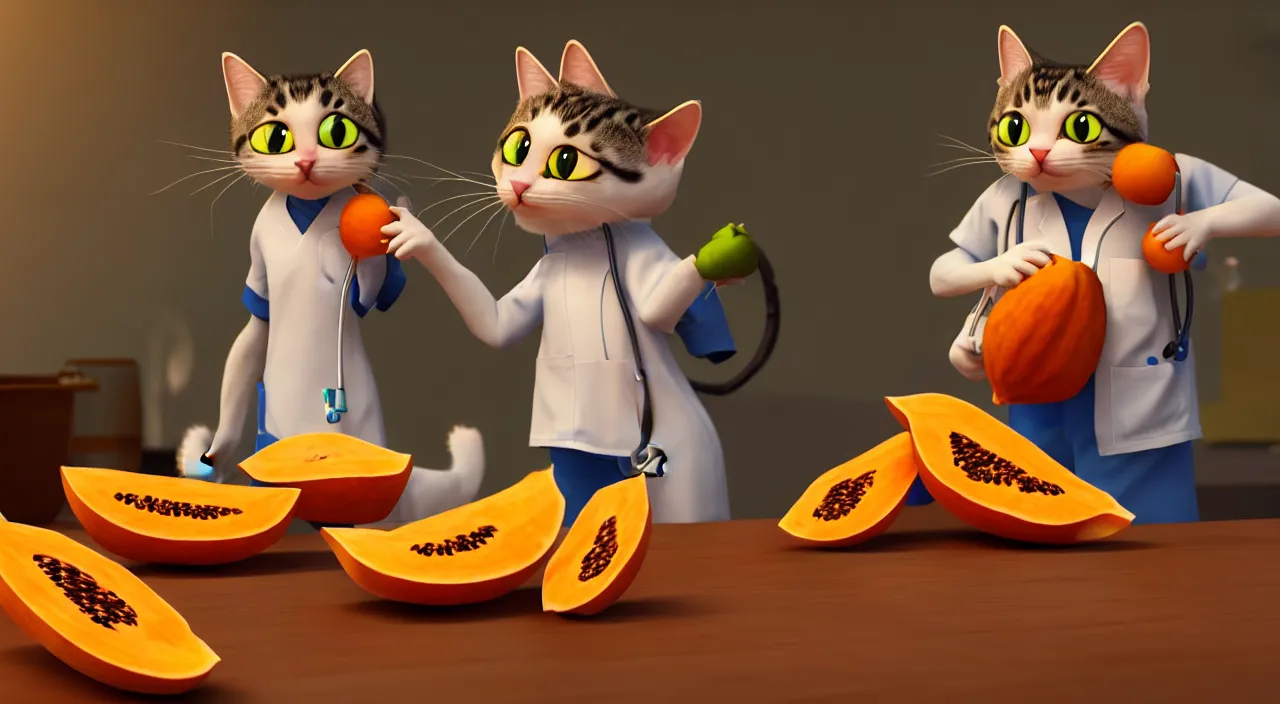 Prompt: a cat doctor holding papaya in hospital. digital art. artstation. realistic. vibrant. illustration. in the style of pixar movie. octane render. volumetric lighting.