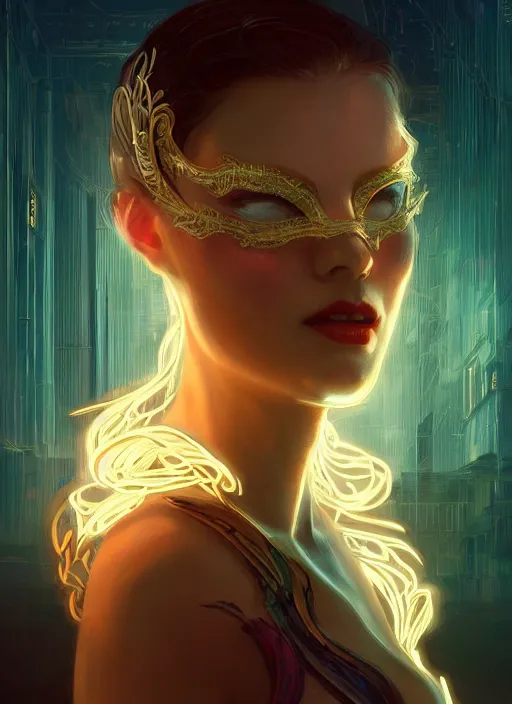 Image similar to a beautiful woman wearing a venetian mask, intricate concept art, elegant, highly detailed, digital painting, artstation, smooth, sharp focus, cyberpunk darksynth, cinematic, opalescent mist, dramatic lighting, illuminated glowing lines, outrun, neon vaporware, by ruan jia and ilya kuvshinov and alphonse mucha