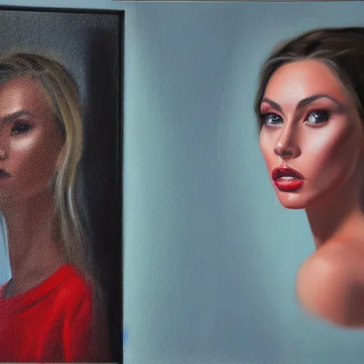 Image similar to fashion model looking in mirror, hyperrealism oil painting