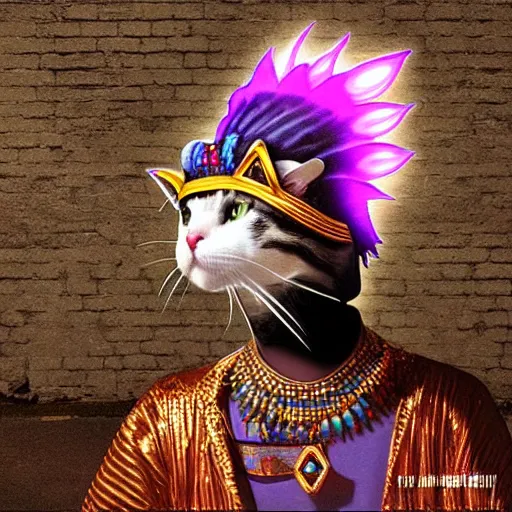 Image similar to “A cat wearing a pharaoh's headdress in an alley, synthwave digital art photorealistic”