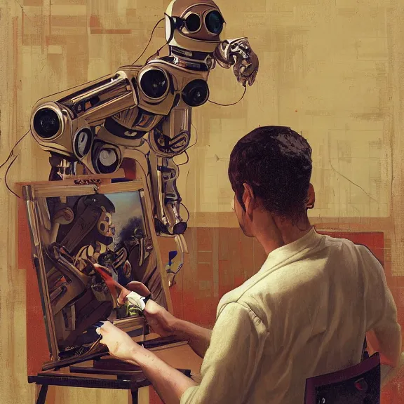 Image similar to robot artist painting a self - portrait on a canvas. intricate, highly detailed, photorealistic, digital matte painting, in the style of alexandros pyromallis, and in the style of sachin teng, and in the style of hans thoma, and in the style of gil elvgren. irony, recursion, inspiration.