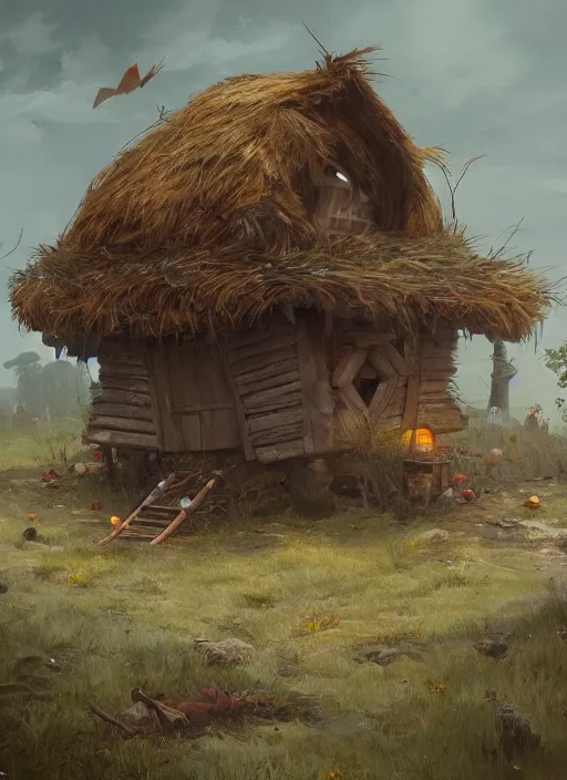 Image similar to hut with big chicken legs, greg rutkowski, zabrocki, karlkka, jayison devadas, trending on artstation, 8 k, ultra wide angle, zenith view, pincushion lens effect