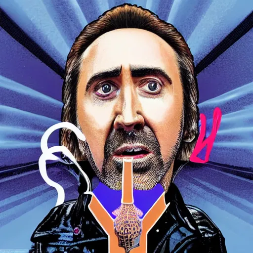 Image similar to nic cage breaking a drum over his knee, stylized album cover