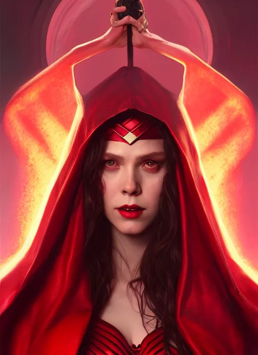 Image similar to Scarlet Witch as Lucifer morningstar, portrait, full body, hyper realistic, trending on artstation, art by wlop and J. C. Leyendecker and Edmund Bliar Leighton and Charlie Bowater, unreal engine render, octane render