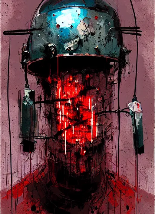 Image similar to horror art, clive barker prisoner inside a torture helmet, art by ismail inceoglu