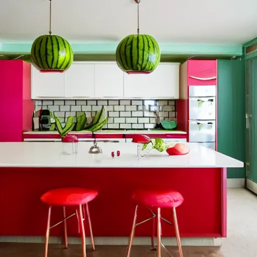 Prompt: mid century style of watermelon in the kitchen