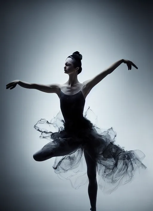 Prompt: ballerina in a photorealistic dramatic hyperrealistic render of a beautiful smoke dancer by ken brower and deborah ory of nyc dance project, lois greenfield, flowing cloth and smoke colourful acrylic ink drop art, beautiful boris johnson dynamic dramatic dark moody lighting, volumetric, shadows, cinematic atmosphere, octane render, 8 k