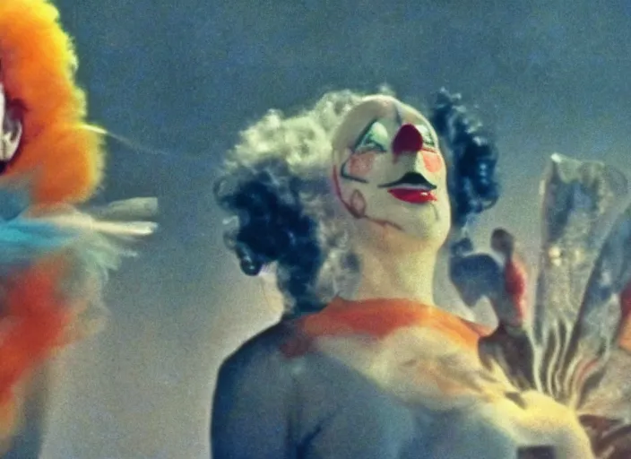 Prompt: still from a surreal art house film by alejandro jodorowsky, kenneth anger and remedios varo : : big international production by a major studio : : archetypal, cosmic themes, clowns, beauty queens, camp, sleaze : : cinemascope, technicolor, 8 k
