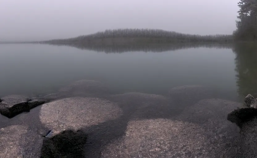 Prompt: extreme low angle camera lens partially submerged in water showing the surface of a lake with a rocky lake shore in the foreground, scene from a film directed by charlie kaufman ( 2 0 0 1 ), foggy volumetric light morning, extremely moody, cinematic shot on anamorphic lenses