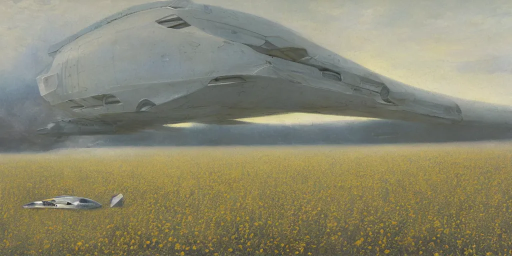 Image similar to Fernand Khnopff super technologies white giant spaceship starship battlestar airship superstructure deck, landed laying in center on tansy wormwood field, mountains afar by Fernand Khnopff by john berkey, oil painting, concept art, interstellar movie