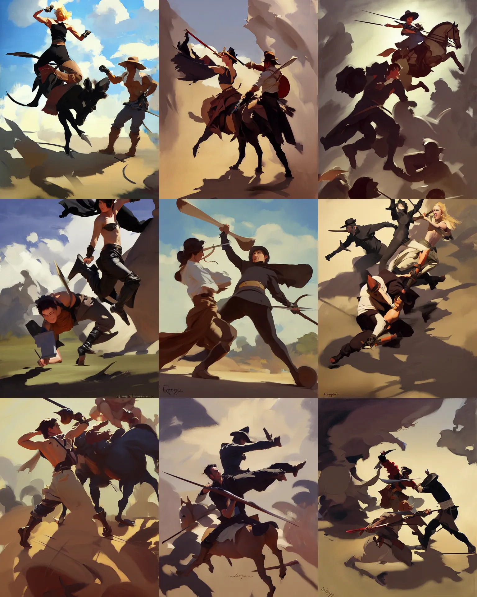 Prompt: black cloth fabric jodhpurs greg manchess fighting scene painting by sargent and leyendecker, studio ghibli, fantasy, medium shot, asymmetrical, intricate, elegant, matte painting, illustration, hearthstone, by rhads by greg rutkowski, by greg tocchini, by james gilleard, by joe fenton