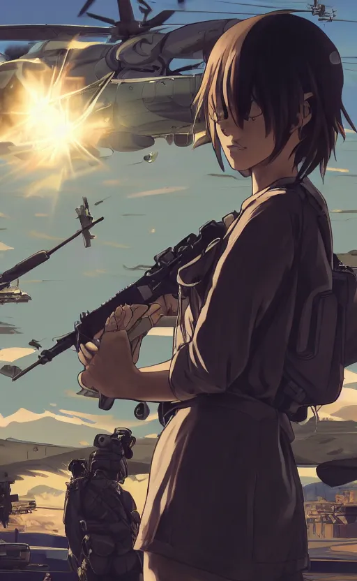 Image similar to anime style, gta 5, panoramic view of girl, searchlights in background, soldier clothing, short hair, hair down, symmetrical facial features, from arknights, hyper realistic, 4 k, extreme detail, detailed drawing, trending artstation, hd, d & d, realistic lighting, by alphonse mucha, greg rutkowski, sharp focus, backlit