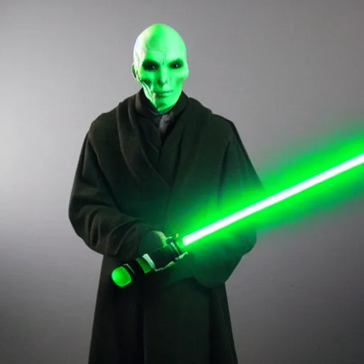 Image similar to voldemort with a green lightsaber