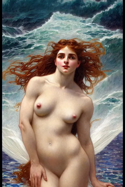 Image similar to painted portrait of aphrodite in the ocean, goddess of love, greek god, feminine, powerful, beautiful, upper body, white robe, muscular, fantasy, intricate, elegant, highly detailed, digital painting, artstation, concept art, smooth, sharp focus, illustration, art by gaston bussiere and alphonse mucha