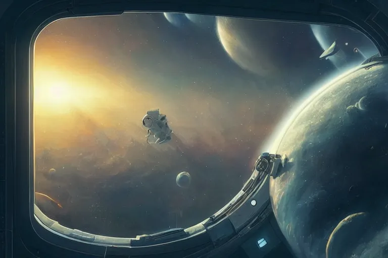 Prompt: [ beautiful view to space ] from large window!! on a spaceship, trending on artstation, pictorially depicted by greg rutkowski, [ 4 k digital art, [ synthwave art style ]!! ]!!, sci - fi art, photorealistic