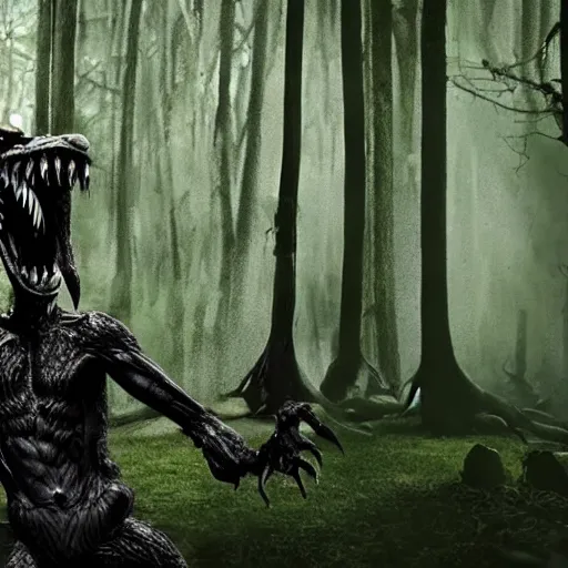 Prompt: werecreature consisting of a alligator and a human, werealligator, photograph captured in a dark forest