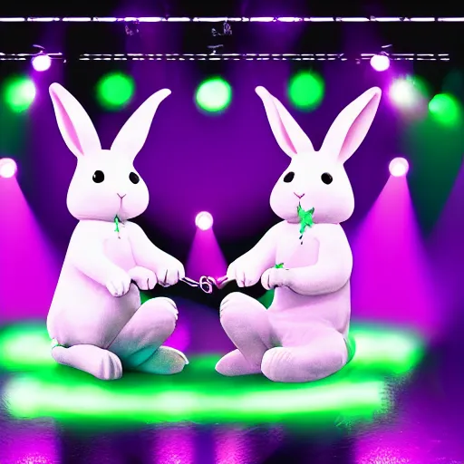 Image similar to two rabbits laying music on a stage with green and pink stage lights