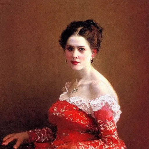 Prompt: portrait of a woman dressed in white and red, by nikolay makovsky.