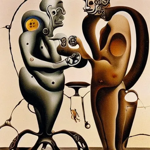 Image similar to Two mechanical beings in a deep conversation. Dali.