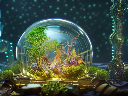 Prompt: ornate filigreed convoluted ornamented elaborate biopunk small rat, full body, glass domes, glass panes, glowing lights, fronds, branches, dramatic lighting, product photography, underwater environment, 3 - d render, photorealism, unreal engine