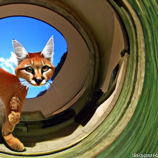 Prompt: fisheye photo of a caracal hissing