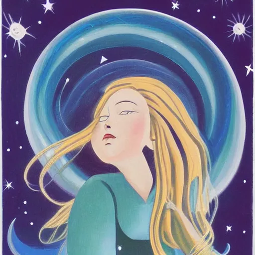 Image similar to A beautiful illustration of a young girl with long flowing hair, looking up at the stars. She appears to be dreaming or lost in thought. Sonic the Hedgehog by Dora Maar ✨