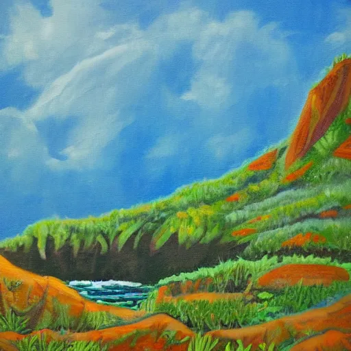 Image similar to rough acrylic painting of a lush natural scene on an alien planet by darien bogart. beautiful landscape. weird vegetation. cliffs and water.