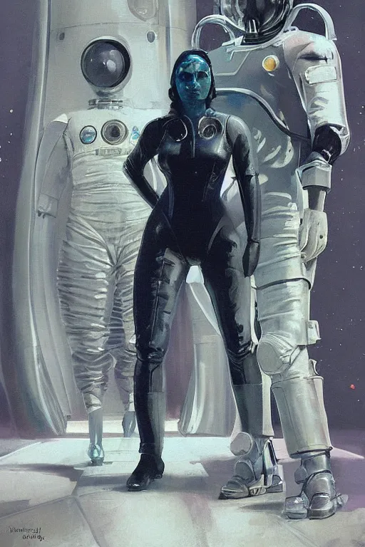 Image similar to pulp scifi fantasy illustration full body portrait of elegant woman wearing latex spacesuit standing beside huge martian, by norman rockwell, jack kirby, bergey, craig mullins, ruan jia, jeremy mann, tom lovell, 5 0 s, astounding stories, fantasy