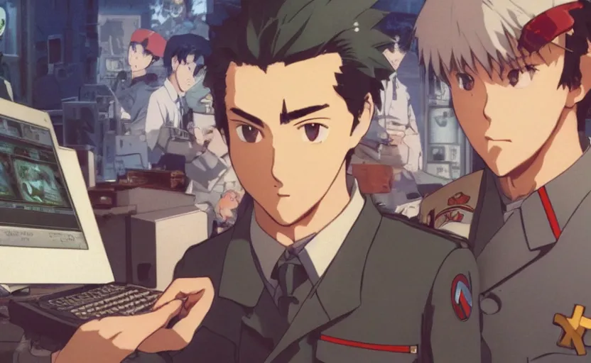 Prompt: film still anime keyart overview polaroid angry realistic josef stalin trading bitcoin in front of computer, finely detailed features, closeup at the faces, perfect art, gapmoe yandere, trending on pixiv fanbox, painted by craig mullins makoto shinkai takashi takeuchi studio ghibli, akihiko yoshida,