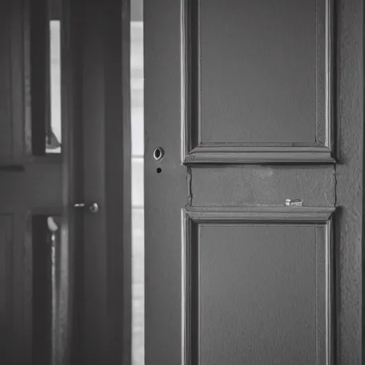 Prompt: An ominous photograph of the slightly opened door standing ajar, darkness behind it, close-up view, dim lighting, nightmare, taken with Sony a7R camera