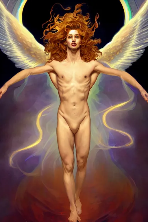 Image similar to symmetrical fullbody portrait of a beautiful young fit male angel with curly blond hairs, fulldressed in long fluent clothes, majestic big red bat wings, luminous fire halo, by greg rutkowski and alphonse mucha, gradient white to gold, in front of an iridescent background, highly detailed portrait, digital painting, artstation, concept art, smooth, sharp focus illustration