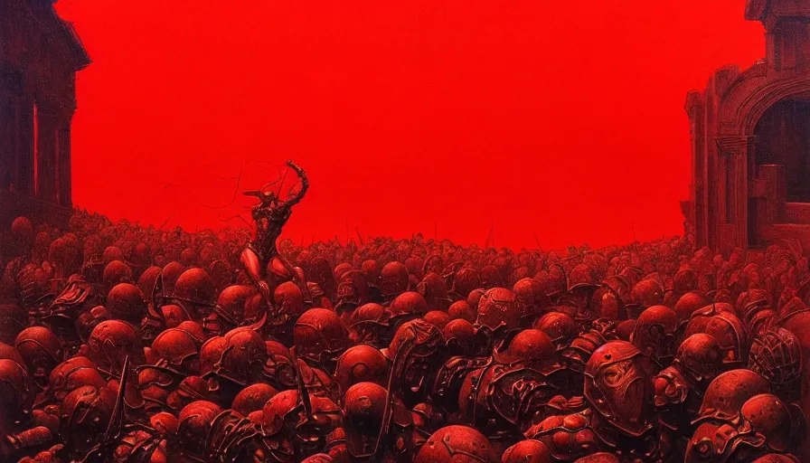 Image similar to only with red, a lightly armored gladiator in a crowded roman amphitheatre, crowd cheering, in the style of beksinski and edward hopper and rodcenko and yue minjun and artgerm, intricate and epic composition, red by caravaggio, highly detailed, masterpiece, red light, artstation, art nouveau